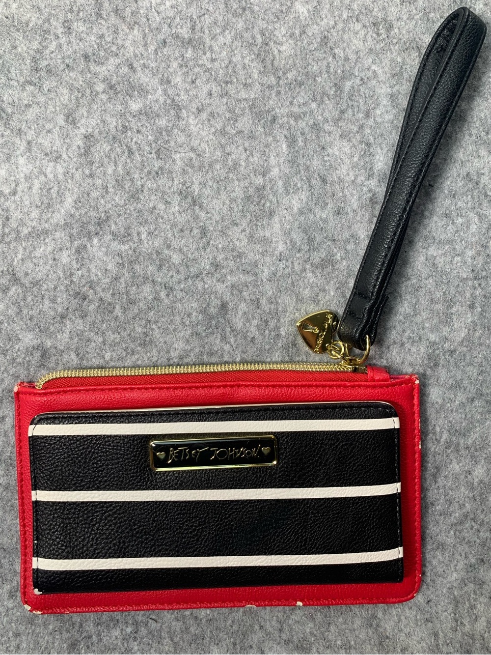 Betsey Johnson Black & White Striped Red Wristlet with Gold Hardware